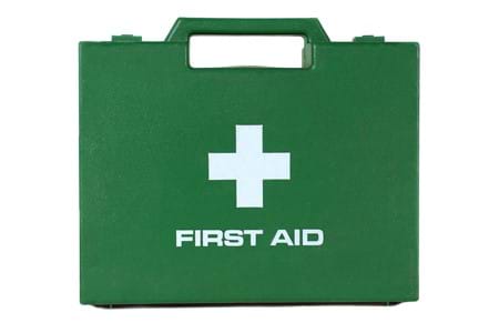 A green first aid container.