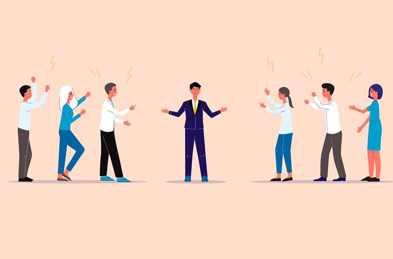 An illustration of a mediator standing in the middle of two groups of people arguing. 